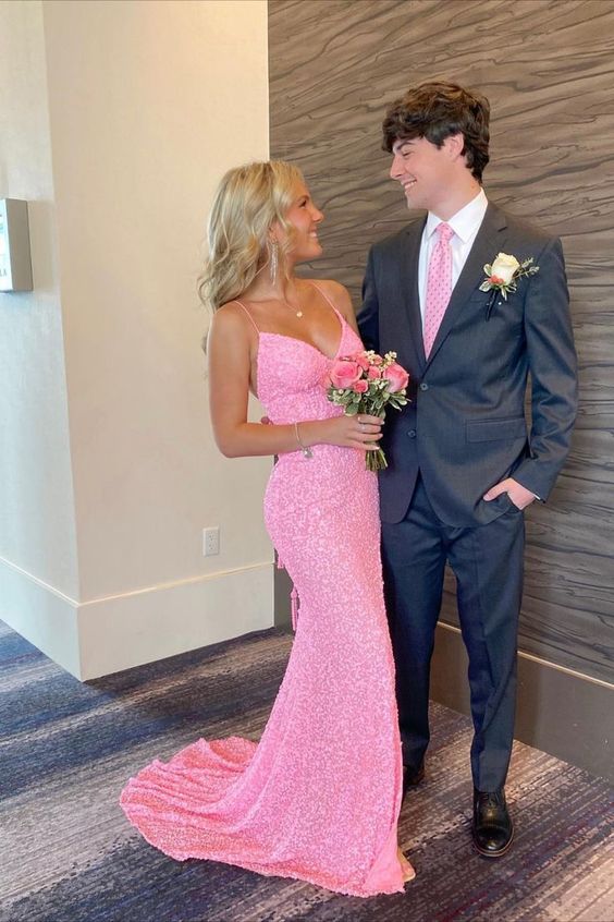 Elegant Mermaid Sequin Pink Long Formal Prom Dresses Formal Dresses Main image