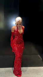 Elegant Mermaid Sequin Red Floor Length Black Girl Formal Prom Dresses