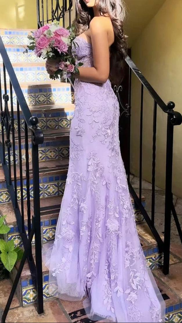Elegant Mermaid Sleeveless Lace Lilac Formal Evening Formal Prom Dresses Long Formal Prom Dresses Secondary image