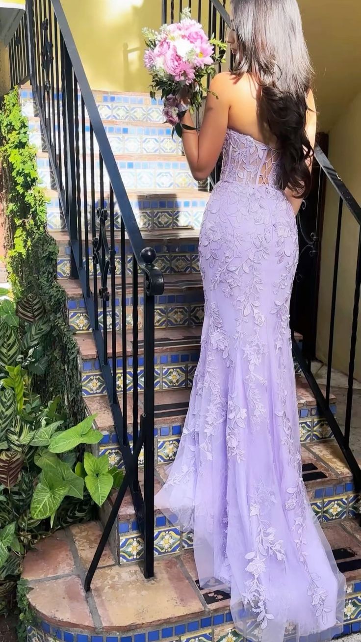 Elegant Mermaid Sleeveless Lace Lilac Formal Evening Formal Prom Dresses Long Formal Prom Dresses Main image