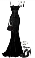 Elegant Mermaid Spaghetti Straps Black Lace Long Formal Prom Dresses Birthday Outfits