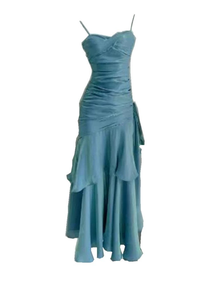 Elegant Mermaid Spaghetti Straps Blue Satin Long Formal Prom Dresses Party Dresses 21St Birthday Outfits Graduation Dresses