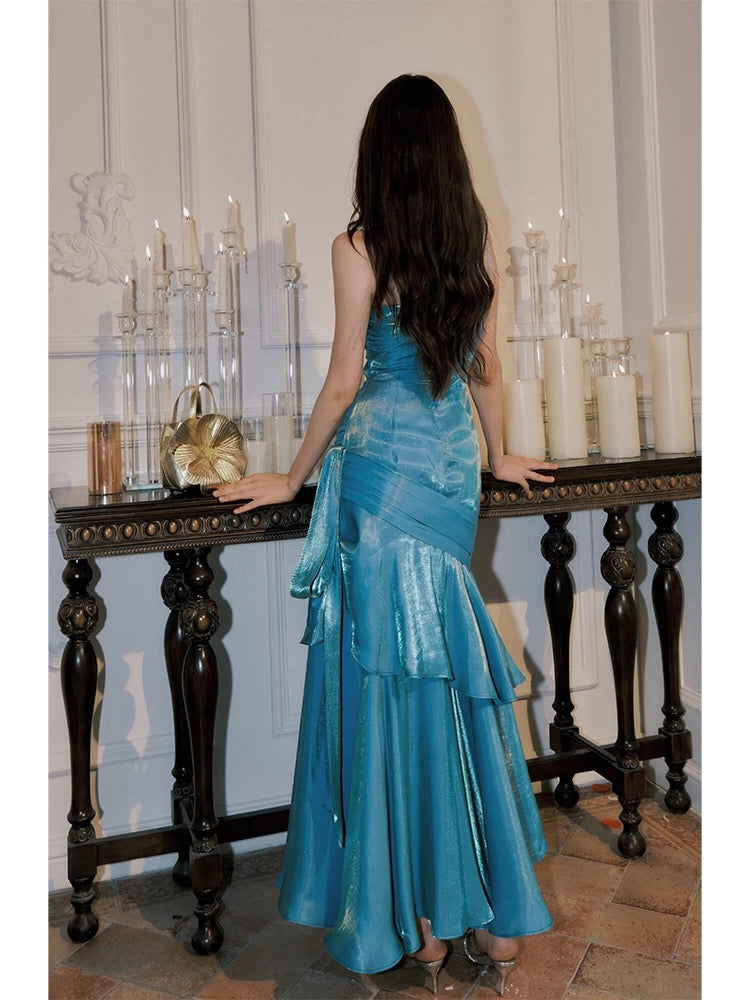 Elegant Mermaid Spaghetti Straps Blue Satin Long Formal Prom Dresses Party Dresses 21St Birthday Outfits Graduation Dresses
