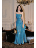 Elegant Mermaid Spaghetti Straps Blue Satin Long Formal Prom Dresses Party Dresses 21St Birthday Outfits Graduation Dresses