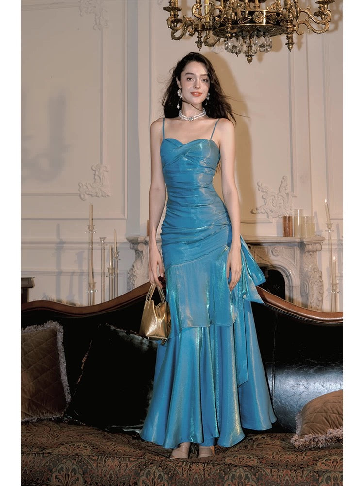 Elegant Mermaid Spaghetti Straps Blue Satin Long Formal Prom Dresses Party Dresses 21St Birthday Outfits Graduation Dresses
