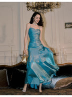 Elegant Mermaid Spaghetti Straps Blue Satin Long Formal Prom Dresses Party Dresses 21St Birthday Outfits Graduation Dresses