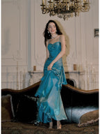 Elegant Mermaid Spaghetti Straps Blue Satin Long Formal Prom Dresses Party Dresses 21St Birthday Outfits Graduation Dresses