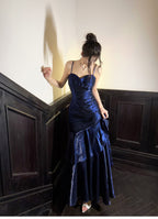 Elegant Mermaid Spaghetti Straps Blue Satin Long Formal Prom Dresses Party Dresses 21St Birthday Outfits Graduation Dresses