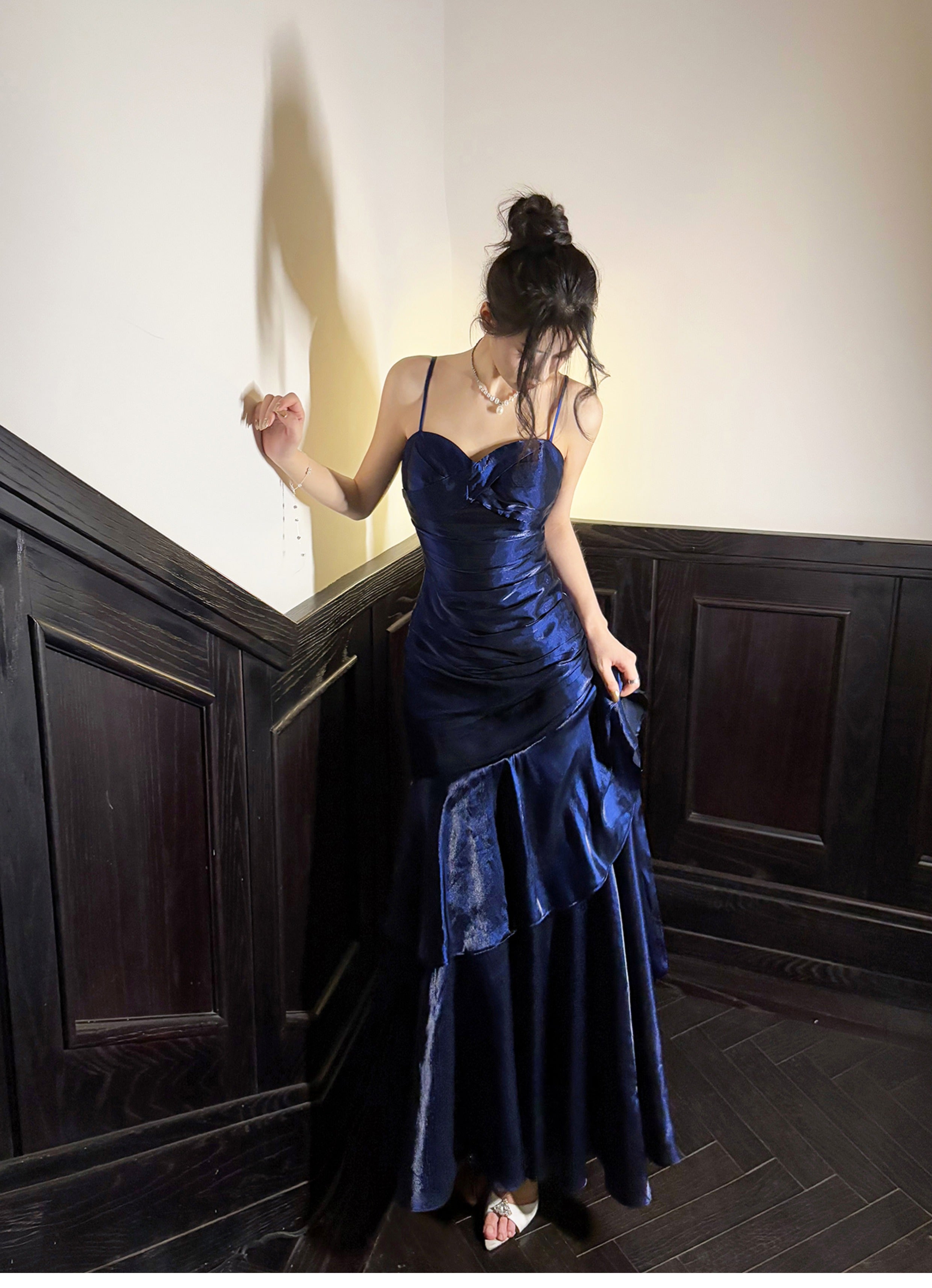 Elegant Mermaid Spaghetti Straps Blue Satin Long Formal Prom Dresses Party Dresses 21St Birthday Outfits Graduation Dresses