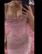 Elegant Mermaid Spaghetti Straps Pink Beads Sequin Slit Long Formal Prom Dresses Formal Dresses