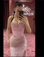 Elegant Mermaid Spaghetti Straps Pink Beads Sequin Slit Long Formal Prom Dresses Formal Dresses