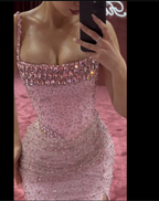 Elegant Mermaid Spaghetti Straps Pink Beads Sequin Slit Long Formal Prom Dresses Formal Dresses
