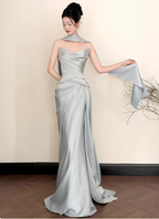 Elegant Mermaid Strapless Ruffled Satin Train Formal Prom Dresses