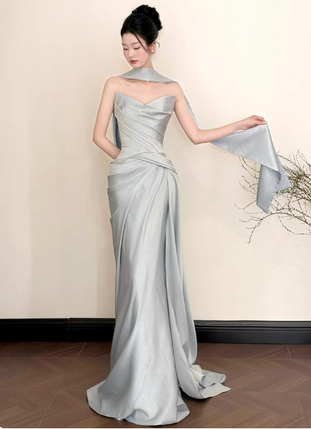 Elegant Mermaid Strapless Ruffled Satin Train Formal Prom Dresses