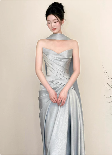 Elegant Mermaid Strapless Ruffled Satin Train Formal Prom Dresses