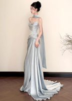 Elegant Mermaid Strapless Ruffled Satin Train Formal Prom Dresses