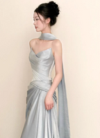 Elegant Mermaid Strapless Ruffled Satin Train Formal Prom Dresses