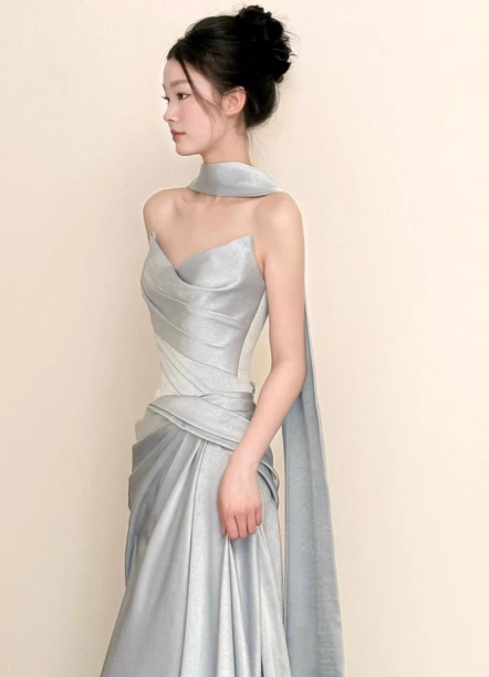 Elegant Mermaid Strapless Ruffled Satin Train Formal Prom Dresses