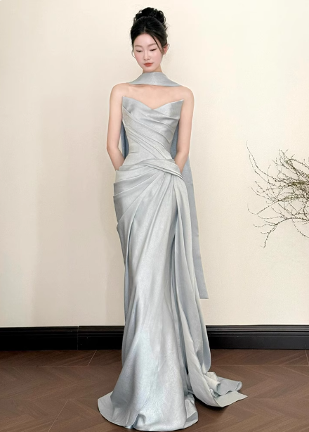 Elegant Mermaid Strapless Ruffled Satin Train Formal Prom Dresses Main image