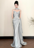 Elegant Mermaid Strapless Ruffled Satin Train Formal Prom Dresses