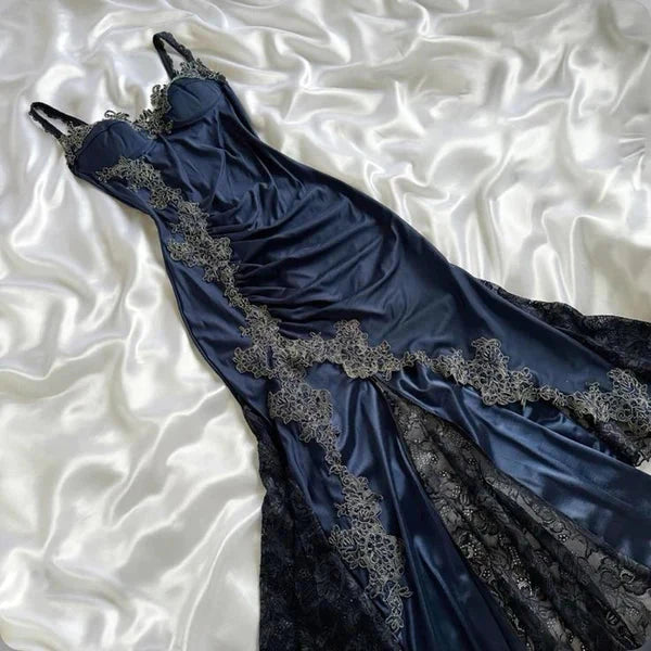 Elegant Navy Blue Spaghetti Straps Mermaid Satin Appliques Formal Prom Dresses Party Dresses