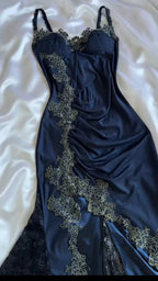 Elegant Navy Blue Spaghetti Straps Mermaid Satin Appliques Formal Prom Dresses Party Dresses
