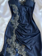 Elegant Navy Blue Spaghetti Straps Mermaid Satin Appliques Formal Prom Dresses Party Dresses