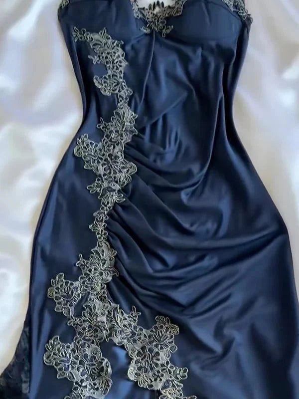 Elegant Navy Blue Spaghetti Straps Mermaid Satin Appliques Formal Prom Dresses Party Dresses