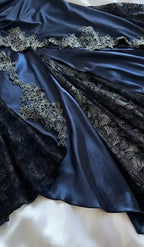 Elegant Navy Blue Spaghetti Straps Mermaid Satin Appliques Formal Prom Dresses Party Dresses