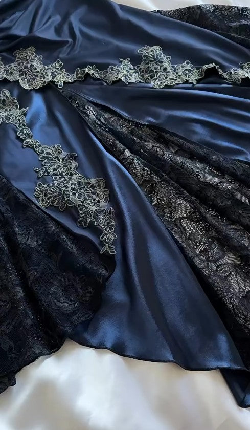 Elegant Navy Blue Spaghetti Straps Mermaid Satin Appliques Formal Prom Dresses Party Dresses