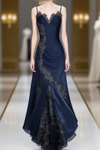 Elegant Navy Blue Spaghetti Straps Mermaid Satin Appliques Formal Prom Dresses Party Dresses