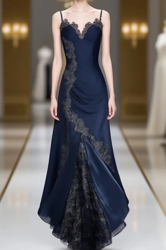 Elegant Navy Blue Spaghetti Straps Mermaid Satin Appliques Formal Prom Dresses Party Dresses