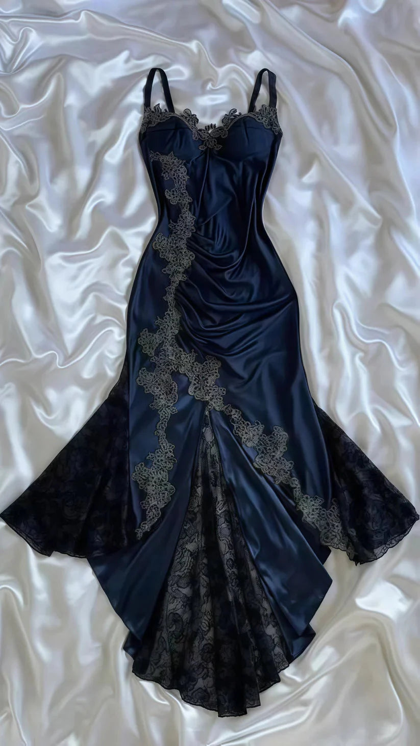 Elegant Navy Blue Spaghetti Straps Mermaid Satin Appliques Formal Prom Dresses Party Dresses