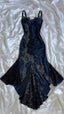 Elegant Navy Blue Spaghetti Straps Mermaid Satin Appliques Formal Prom Dresses Party Dresses