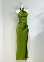 Elegant Minimalist Green Slim Halter Neck Satin Long Formal Prom Dresses