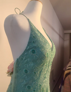 Elegant Mint Green Fitted Beaded Halter Neck Backless Long Formal Prom Dresses