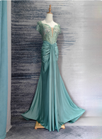 Elegant Mint Green Mermaid Sequin Satin Train Formal Prom Dresses