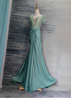 Elegant Mint Green Mermaid Sequin Satin Train Formal Prom Dresses