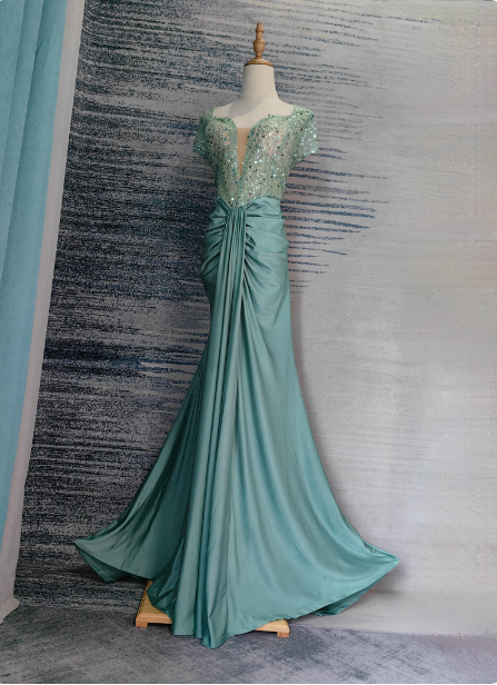 Elegant Mint Green Mermaid Sequin Satin Train Formal Prom Dresses