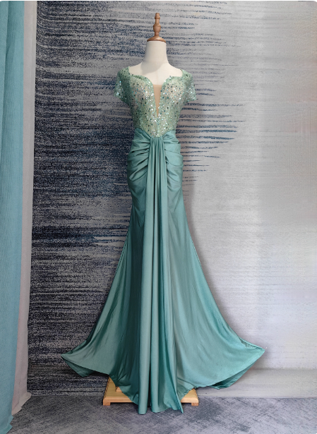Elegant Mint Green Mermaid Sequin Satin Train Formal Prom Dresses Main image