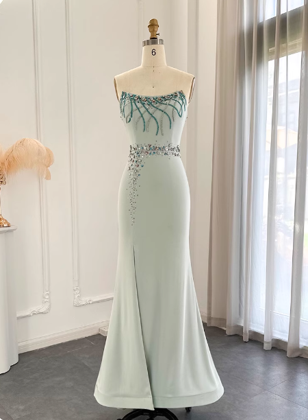 Elegant Mint Green Mermaid Strapless Rhinestone Hotfix Slit Satin Long Formal Prom Dresses