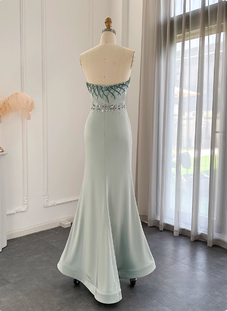 Elegant Mint Green Mermaid Strapless Rhinestone Hotfix Slit Satin Long Formal Prom Dresses