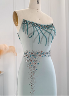 Elegant Mint Green Mermaid Strapless Rhinestone Hotfix Slit Satin Long Formal Prom Dresses