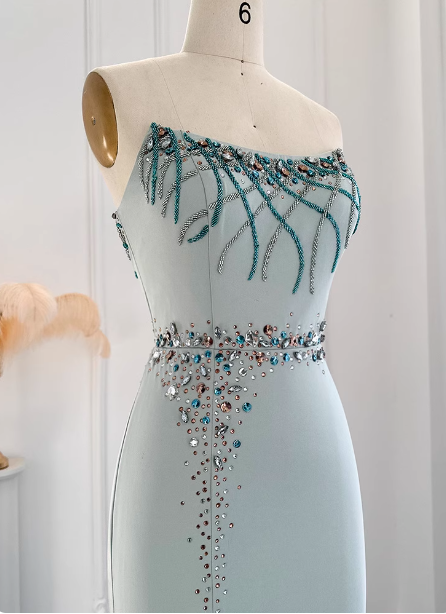 Elegant Mint Green Mermaid Strapless Rhinestone Hotfix Slit Satin Long Formal Prom Dresses