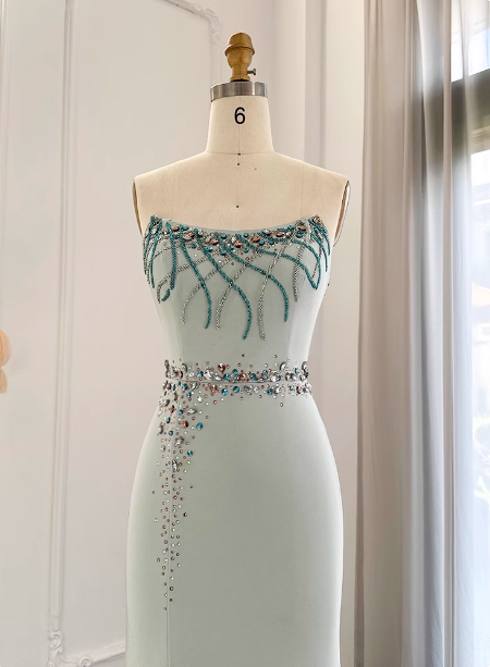 Elegant Mint Green Mermaid Strapless Rhinestone Hotfix Slit Satin Long Formal Prom Dresses
