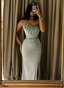 Elegant Mint Green Mermaid Strapless Rhinestone Hotfix Slit Satin Long Formal Prom Dresses