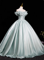 Elegant Mint Light Green Off-The-Shoulder Satin Ball Gown Prom Dresses Sweet 16 Dresses