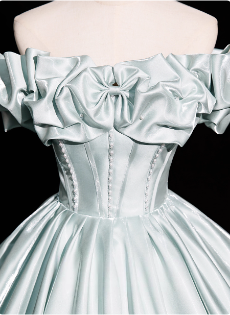 Elegant Mint Light Green Off-The-Shoulder Satin Ball Gown Prom Dresses Sweet 16 Dresses