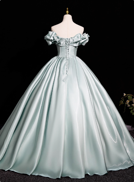 Elegant Mint Light Green Off-The-Shoulder Satin Ball Gown Prom Dresses Sweet 16 Dresses