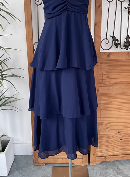 Elegant Navy Blue A-Line V-Neck Ruffled Layered Chiffon Formal Prom Dresses